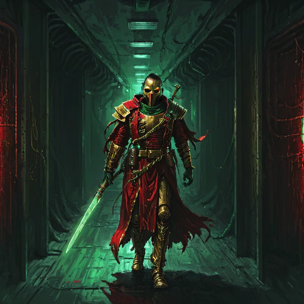 a nqstrman man in a red and gold outfit holding a sword, grim darkness, gritty, dark corridor, metal walls, steel beams, pipe, wires, science fiction, red and green glow, apxlz
