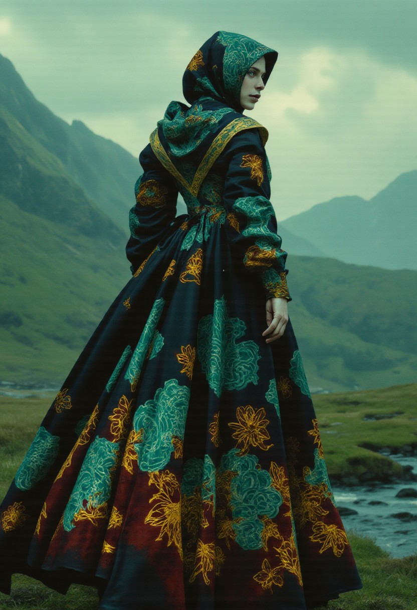A hyper-realistic woman in a flowing medieval robe adorned with intricate multicolored floral patterns, glowing vividly with hues of sapphire blue, emerald green, ruby red, golden yellow, and amethyst purple. Each flower features thick, luminous outlines matching its color, creating a mesmerizing contrast against the robe’s dark crimson and black base. The high collar and sweeping train remain intact, now radiating with a magical, dynamic vibrancy. Her partially pulled-back hood frames her determined face, illuminated softly by the glow of the multicolored floral designs. She strides through a dramatic Scottish Highlands backdrop, rendered in photographic realism with rolling mist and jagged mountain peaks. The cool greens and grays of the misty terrain enhance the warmth and brilliance of the glowing patterns. The lighting is cinematic, with overcast skies casting a diffused, ethereal glow, while the floral patterns emit a faint, magical light. HD quality, R-ESRGAN 4x+, cinematic depth of field, dynamic contrast. (ne0nfant4sy, midjourney_whisper_avant_couture)