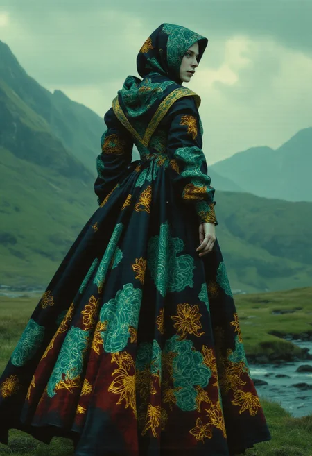 A hyper-realistic woman in a flowing medieval robe adorned with intricate multicolored floral patterns, glowing vividly with hues of sapphire blue, emerald green, ruby red, golden yellow, and amethyst purple. Each flower features thick, luminous outlines matching its color, creating a mesmerizing contrast against the robe’s dark crimson and black base. The high collar and sweeping train remain intact, now radiating with a magical, dynamic vibrancy. Her partially pulled-back hood frames her determined face, illuminated softly by the glow of the multicolored floral designs. She strides through a dramatic Scottish Highlands backdrop, rendered in photographic realism with rolling mist and jagged mountain peaks. The cool greens and grays of the misty terrain enhance the warmth and brilliance of the glowing patterns. The lighting is cinematic, with overcast skies casting a diffused, ethereal glow, while the floral patterns emit a faint, magical light. HD quality, R-ESRGAN 4x+, cinematic depth of field, dynamic contrast. (ne0nfant4sy, midjourney_whisper_avant_couture)