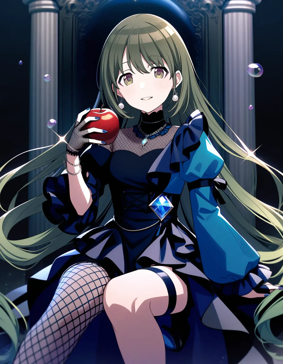 n_nanakusa, 1girl, solo, long hair, very long hair, green hair, bangs, green eyes
fishnets, jewelry, dress, looking at viewer, earrings, apple, thigh strap, fruit, gloves, nail polish, holding, holding fruit, single glove, long sleeves, blue dress, see-through, fingernails, black dress, puffy sleeves, high heels, sitting, parted lips, pillar, throne, floating hair, smile, fishnet gloves, frills, necklace, gem, fishnet thighhighs, blue footwear, single thighhigh, pearl (gemstone), frilled sleeves, bubble, wide sleeves, bracelet, fingerless gloves, food, asymmetrical sleeves, black footwear, glint, column, straight hair, breasts, black gloves
<lora:a31_n_nanakusaXL:1>