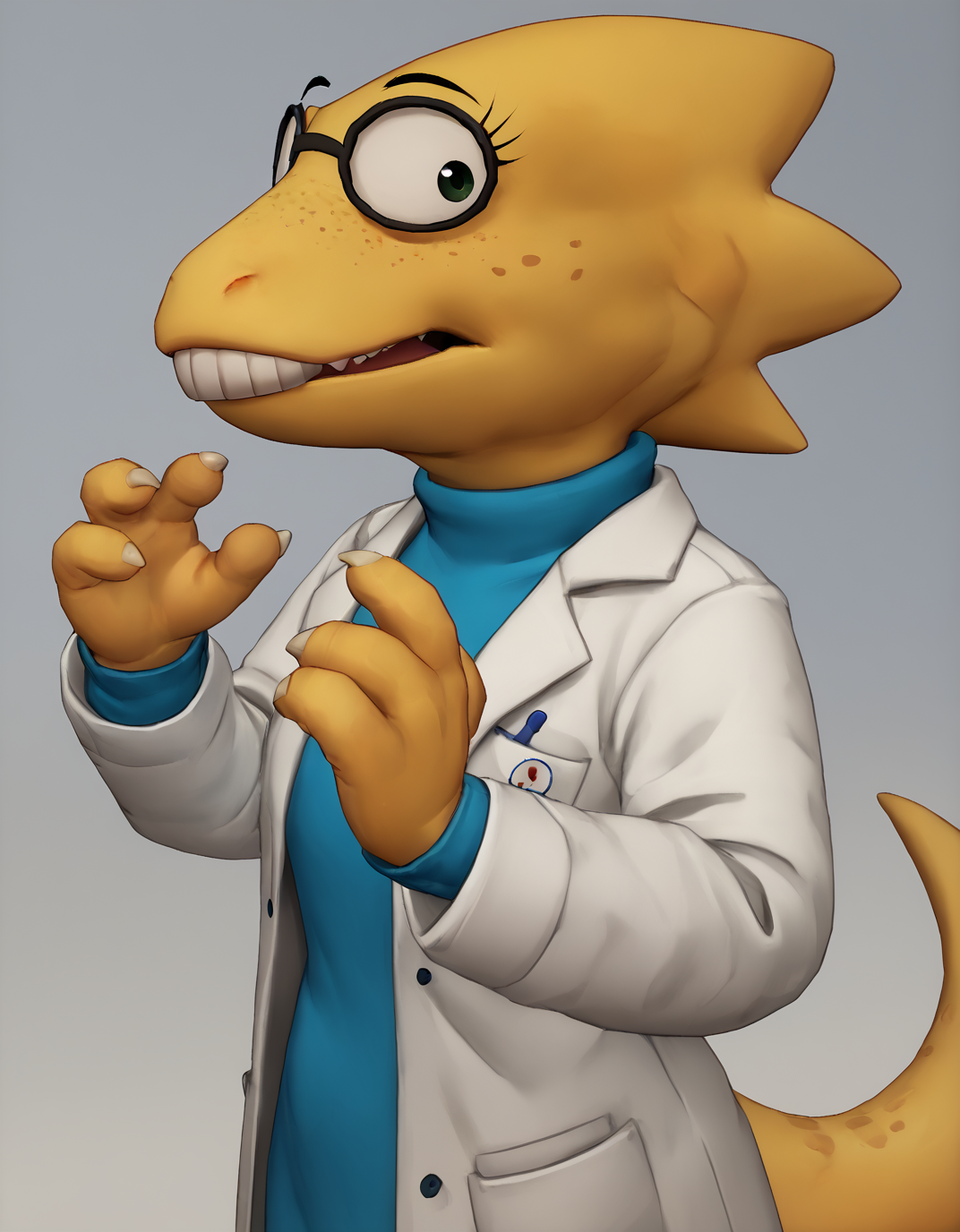 zPDXL3,buckteeth,<lora:Alphys_Pony:0.8>,upper_teeth,lab coat,yellow body,4 fingers,shirt,tail,freckles,scalie,plump female,alphys,looking_at_viewer,alphys,, <lora:PDXL_artist_tags_v2_big:1>
