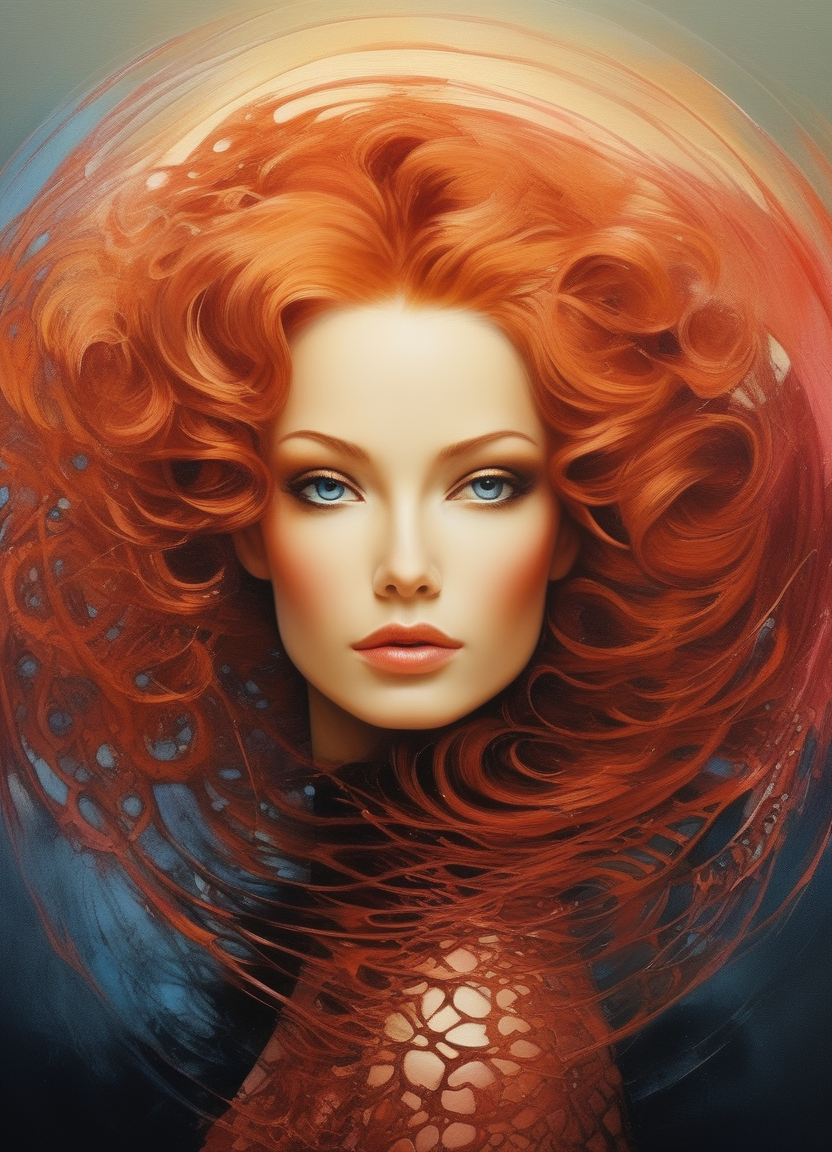 concept art <lora:FF-Style-KAROL-BAK.LORA:0.8> in style of karol bak, painting of, entwining portrait of Aesthetic karol bak art, (Ginger hair in The comb-over fade:1. 2) , tilt shift shot, airbrush art, (Raspberry, Coral and Peach eyes:1. 2) , symmetrical face, accurate anatomy, gossamer, ultra-fine details, sharp focus, swirling gouache, resin drip (by tim burton, mark ryden, bartolomeo veneto:1. 2) , torn paper and ink blots, 16k, UHD, HDR, (Masterpiece:1. 5) , (best quality:1. 5) , inspired by karol bak . digital artwork, illustrative, painterly, matte painting, highly detailed
