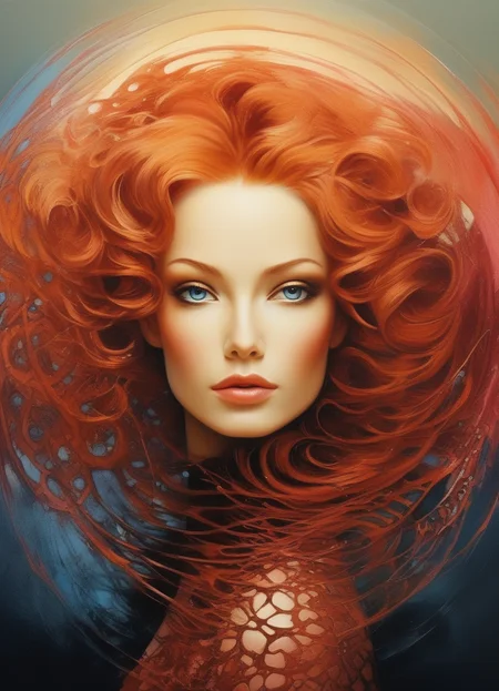 concept art <lora:FF-Style-KAROL-BAK.LORA:0.8> in style of karol bak, painting of, entwining portrait of Aesthetic karol bak art, (Ginger hair in The comb-over fade:1. 2) , tilt shift shot, airbrush art, (Raspberry, Coral and Peach eyes:1. 2) , symmetrical face, accurate anatomy, gossamer, ultra-fine details, sharp focus, swirling gouache, resin drip (by tim burton, mark ryden, bartolomeo veneto:1. 2) , torn paper and ink blots, 16k, UHD, HDR, (Masterpiece:1. 5) , (best quality:1. 5) , inspired by karol bak . digital artwork, illustrative, painterly, matte painting, highly detailed