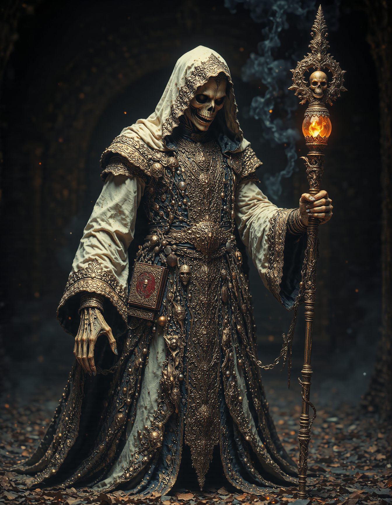R3alisticF, fantasy photo of an evil male lich in an opulent but worn out white baroque dress with tan and brown accents and a crinoline. an undead skeleton necromancer holding a magic scepter. A grimoire hangs chained to his leather belt. evil laughter. he's wearing a , jewelry, metal pauldrons. skeleton hands. cel shading, dark fantasy, full length portrait, ancient, weathered, worn out clothing, dusty, dirty, rugged, dark background <lora:FluxMythR3alisticF:1>