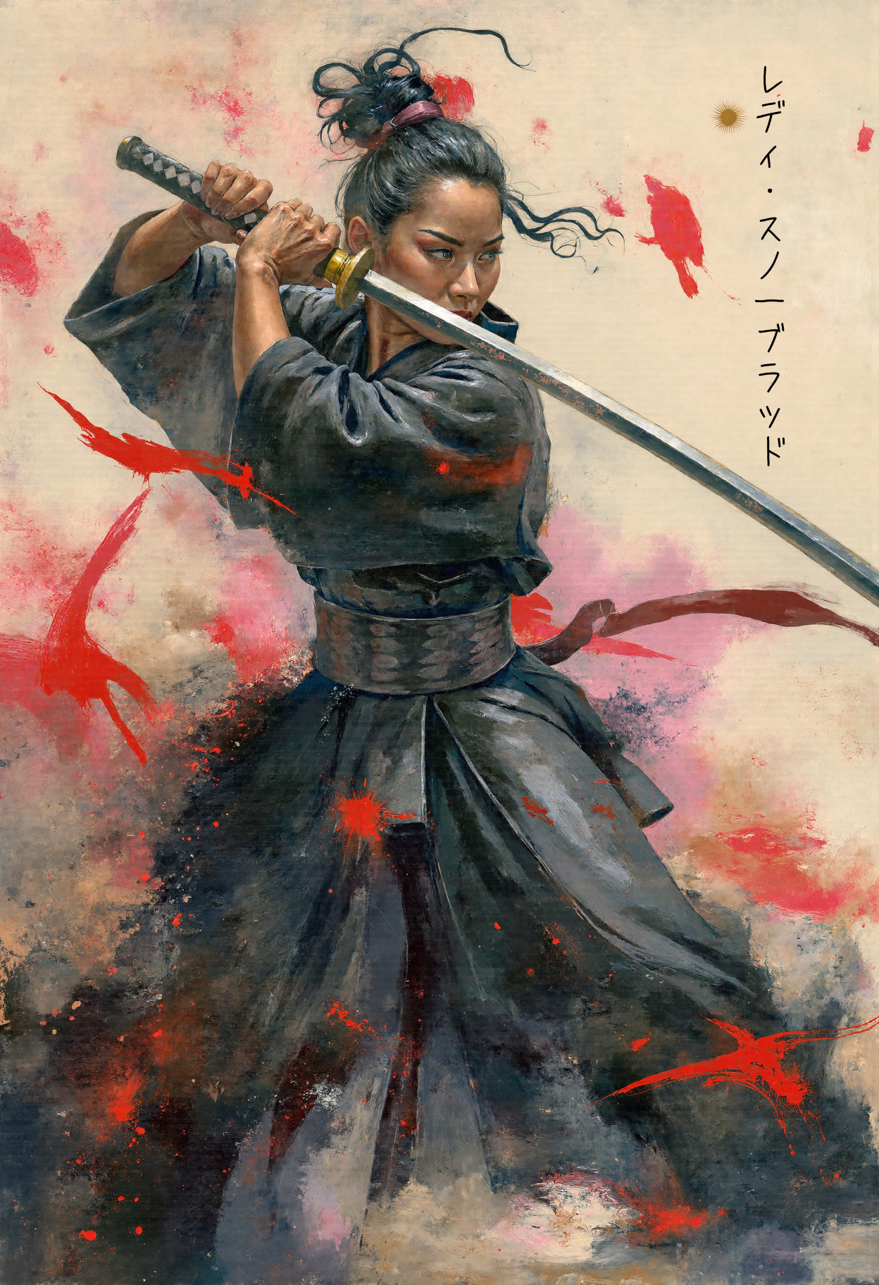 kwil, Create an abstract expressionism painting: A dynamic and expressive painting of a mid-aged woman wielding a sword. The woman is dressed in traditional black clothing with hair tied in a knot. The scene captures the motion of the sword with bold red and black brushstrokes, creating a dramatic effect. The background is bright, contrasting with the dark and red colors of the figure and brushstrokes. Red splatters and lines add an intense and energetic atmosphere. The painting features a mix of expressionism and abstract art, with symbolic representation of strength and movement. Influences of traditional Japanese art and culture are evident.