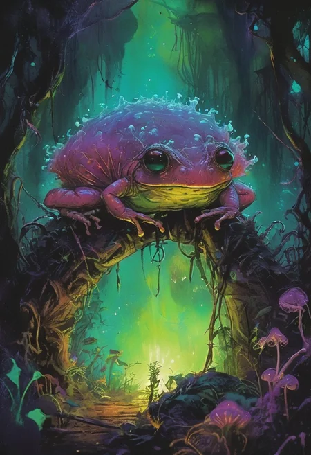 In the heart of Ripley's Spectacular Swamp Circus, a sentient slime mold named Gloom performs a mesmerizing light show. The Gloom, a gelatinous being with a soft glow, shifts into various shapes, casting vibrant bioluminescent pulses in shades of blue, purple, and green. The audience, a mix of frog people and other swamp creatures, watches in awe from rustic wooden benches. The circus tent, made of stitched-together leaves and vines, creates a magical backdrop, with twinkling fireflies adding to the enchanting spectacle. The atmosphere is filled with wonder, as if the very air is alive with magic, decaying animatronic, VHS screen grab, grainy, old footage, in the style of an old 80's VHS dark fantasy, VHS screen grab, grainy, old footage
, the scene is captured in dimly lit dark fantasy but vibrant colors, with bold ink lines defining form against the watercolor wash of the aged paper