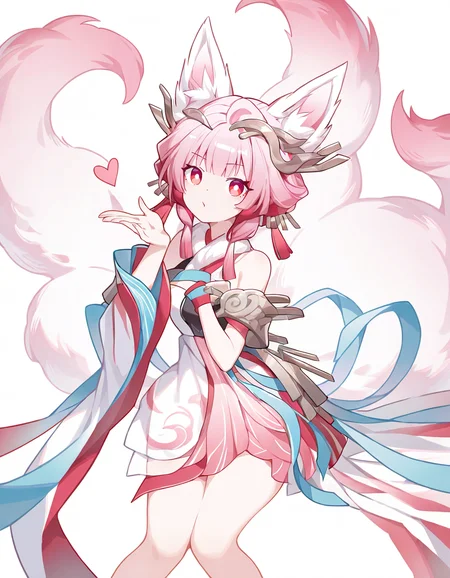 1girl,solo,simple background,white background,dajihu,fox tail,blowing kiss,multiple tails,<lora:dajihu-000014:1.2>,quan \(kurisu tina\),red eyes,pink hair,, masterpiece, best quality, very aesthetic, absurdres,newest, incredibly absurdres,