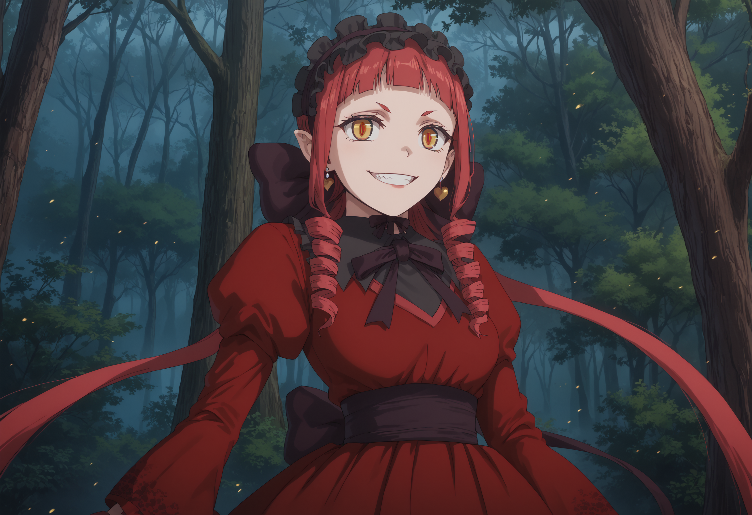 <lora:Rafflesia>,rafflesia,score_9, score_8_up, score_7_up, highres, source_anime, masterpiece, 1girl,solo,detailed face, detailed eyes, multicolored eyes, red eyes,detailed eyes, red hair, orange eyes, demon girl, frills, twintail, frills, today, (red dress),demonic eyes, night, rotting forest, pollen, decaying forest, casting magic, scary forest, twintail, twin drills, long hair, dark, closed mouth, tree,withering tree, dying tree, dark forest,grin, fang, particle effects, large breasts,  hair flower,jewelry, earrings, makeup