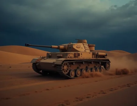 <lora:panzer4f2:0.9>,panzer4f2,,photorealstic panting of Battlefield, masterpiece, best quality, World War II (1.5), Battlefield atmosphere (1.4), Atmospheric lighting (1.1), Cinematic composition (1.2), Historical accuracy (1.4), German tank moving through the desert of North Africa in the 1940s, 1940s, no people, from the side, blurred tracks, blurred wheels, dust, backlighting, beautiful silhouette of tank,