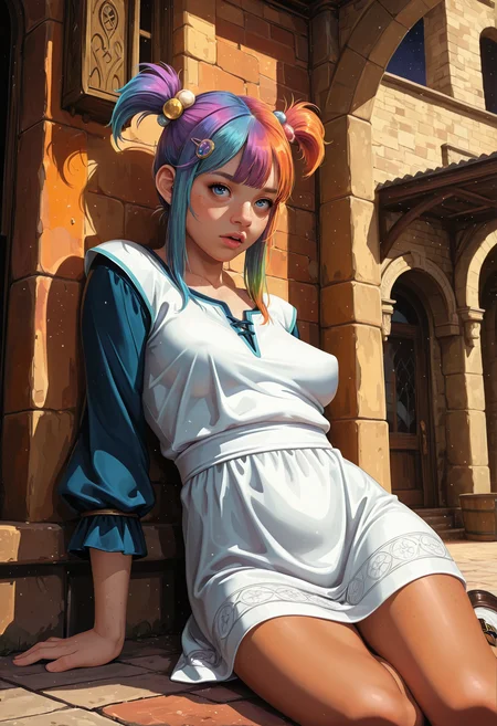 masterwork, masterpiece, best quality, very awa, realistic, ambient occlusion, ray tracing, [sei shoujo], [yoshiten], style parody, [arcane: league of legends], saturated, colorful, (dynamic angle:1.3), (cowboy shot:1.2) BREAK 1girl, solo, <lora:human:0.7> human, african appearance, pastel lapis_lazuli hair, pigtails hair with hair ornament, blue eyes, normal skin , freckles, body freckles, (brown skin:1.2), buff body, perky breasts, perfect hands, dark lips, (bewildered), open mouth BREAK wearing long sleeved patterned lace (detailed light white satin tunic), razer back, ankle straps, gaiters, BREAK fantasy, outdoors, fantasy alley, beige painted buildings, clay streets,, urban details, arches, reclining, sitting, yokozuwari , arms resting, against wall, spring, evening, warm soft light, long shadows, stars,, cinematic lighting BREAK <lora:r-hrtdrp:0.6> <lora:Colorful_style:0.6> JedclfIL style, vibrant colors, <lora:ArmorPunkILLUSTRIOUS:0.4> arm0rpunkv4