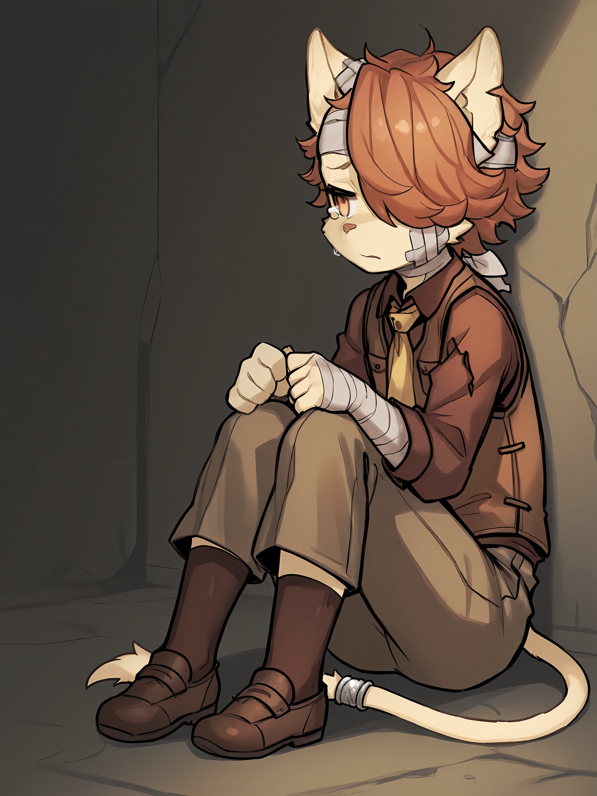 BREAK, <lora:Kyle_Bavarois_V1_Illustrious:1>, kyle bavarois, fuga: melodies of steel, kemono, furry male, cat boy, young male, 1boy, cream fur, short hair, orange hair, hair over one eye, orange eyes, animal ears, cat ears, cat tail, tail ring,
BREAK, Fuga 2 outfit, brown shoes, brown socks, brown pants, brown button-up shirt, long sleeves, brown vest, yellow necktie,
BREAK, solo, full body, sad, despair, tears, looking away, bandages, bandaged arm, bandaged head,