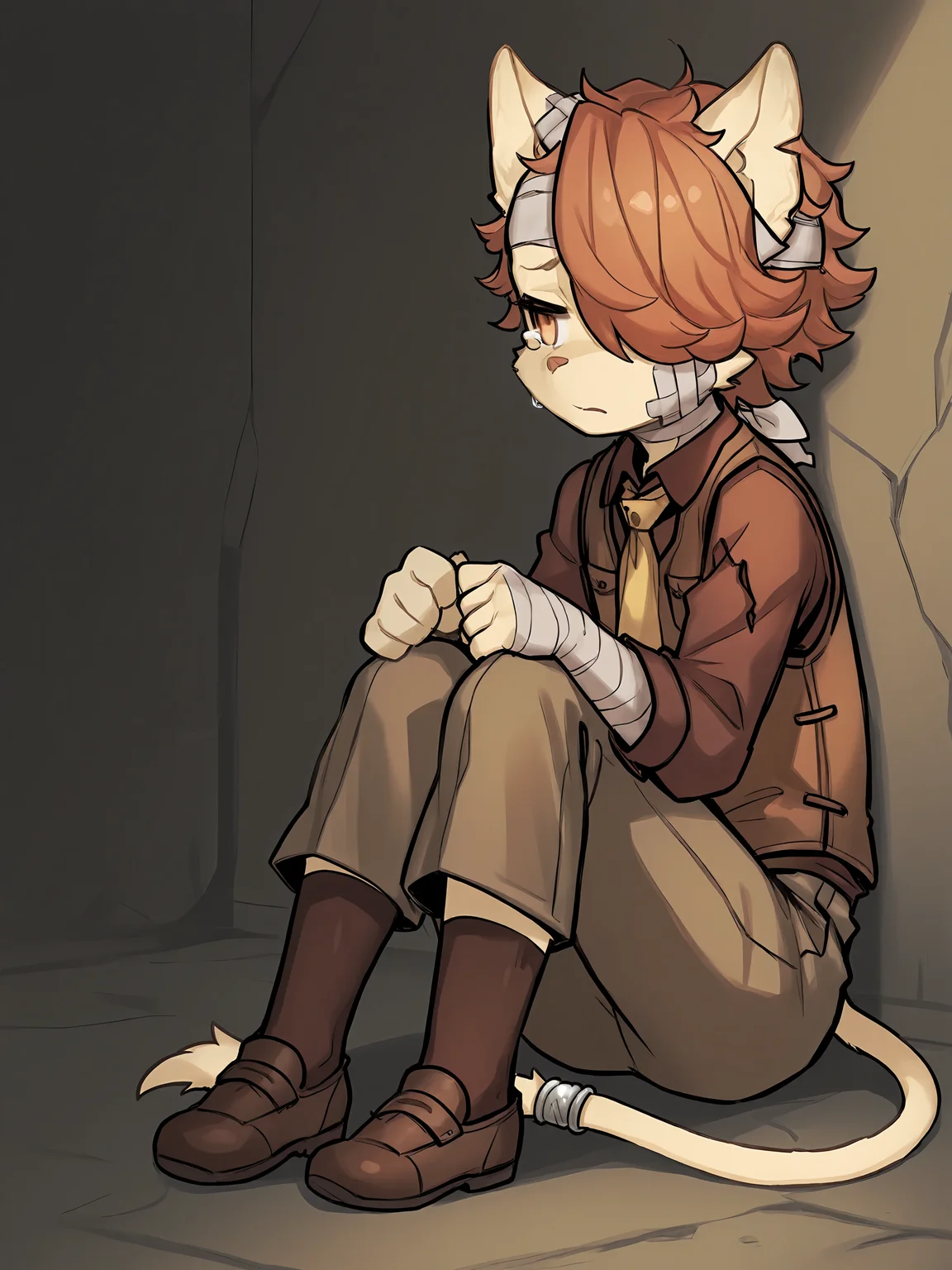 BREAK, <lora:Kyle_Bavarois_V1_Illustrious:1>, kyle bavarois, fuga: melodies of steel, kemono, furry male, cat boy, young male, 1boy, cream fur, short hair, orange hair, hair over one eye, orange eyes, animal ears, cat ears, cat tail, tail ring,
BREAK, Fuga 2 outfit, brown shoes, brown socks, brown pants, brown button-up shirt, long sleeves, brown vest, yellow necktie,
BREAK, solo, full body, sad, despair, tears, looking away, bandages, bandaged arm, bandaged head,