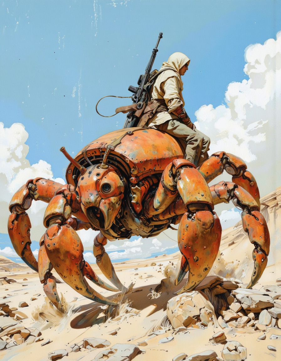By theaicolab. A digital illustration shoot from the side about a humanoid robot riding a large crab in a desert environment. the image also shows a strong sense of movement and action. on the middle of the image, a man, who appears to be in his mid-twenties, is sitting on the back of the large, orange crab. he is wearing a white hooded cloak and has a rifle strapped to his back. the man is facing away from the viewer, with a determined expression on his face. the crab has a robotic body with intricate details, and its claws are visible as it leaps out of the sand. the background features a clear blue sky with white clouds, and the ground is covered in small rocks and debris. the overall color palette is warm and earthy, with shades of brown, beige, and blue. <lora:The_AI_Colab:1>