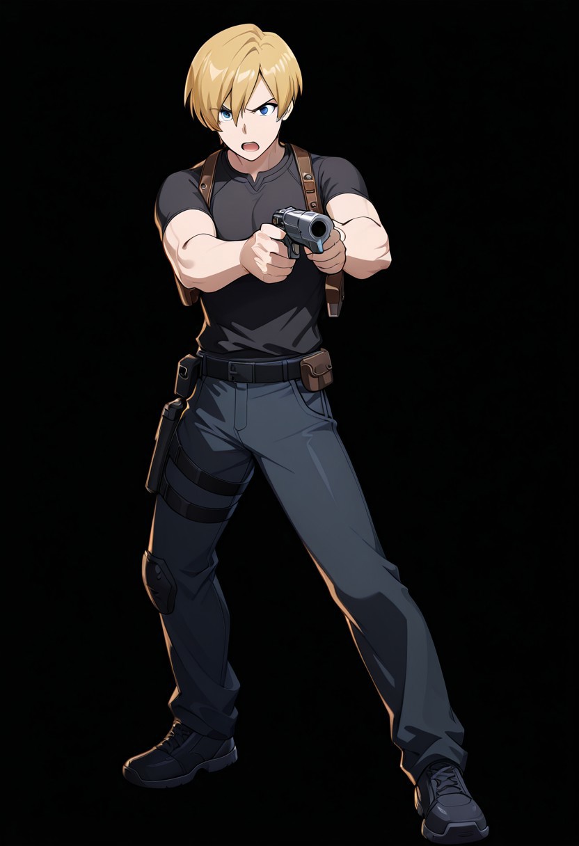 masterpiece, best quality, amazing quality, very aesthetic, absurdres, newest,shiny skin,, anime screenshot,  anime coloring, le0n_k3n, male, black shirt, shoulder holster, blonde hair, blue eyes, Gun in hand, aiming, simple background,  black background,   open mouth, looking at viewer, xdive, Serious expression, Full body,