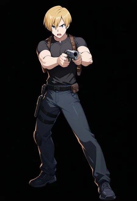 masterpiece, best quality, amazing quality, very aesthetic, absurdres, newest,shiny skin,, anime screenshot, anime coloring, le0n_k3n, male, black shirt, shoulder holster, blonde hair, blue eyes, Gun in hand, aiming, simple background, black background, open mouth, looking at viewer, xdive, Serious expression, Full body,