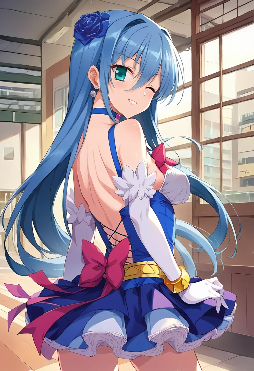 score_9, score_8_up, score_7_up, source_anime, masterpiece, 1girl, ct_ruri, blue hair, medium breasts, earrings, long hair, hair flower, choker, blue short dress, pink bowtie, elbow gloves, bracelet, cross-laced footwear, looking at viewer, indoors, japanese home, cowboy shot, from behind, looking back, one eye closed, smile, <lora:ReiRurisawa_FairyKanon_Pony_ct_ver2-000007:1>