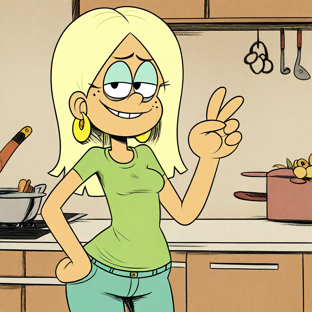 masterpiece, best quality, solo, becca_c, blonde hair, earrings, freckles, shirt, pants, v, smirk, kitchen
