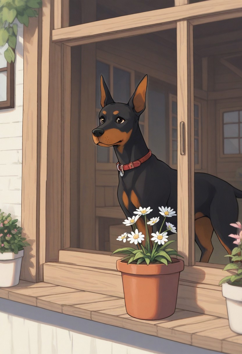 "(masterpiece, best quality, high quality, highres), very awa, highres, absurdres,
(naguru \(cyoroama\):0.9), (chii-kun \(seedyoulater\):0.7), 
(doberman:1.1),
(no humans:1.1), (cute:1.2), comfy, solo, cozy,
outdoors, 2 store house, looking in a window, flower pot, peeping, happy, joy, sunny day, "