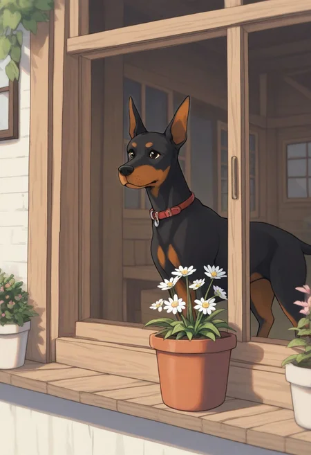 "(masterpiece, best quality, high quality, highres), very awa, highres, absurdres,
(naguru \(cyoroama\):0.9), (chii-kun \(seedyoulater\):0.7), 
(doberman:1.1),
(no humans:1.1), (cute:1.2), comfy, solo, cozy,
outdoors, 2 store house, looking in a window, flower pot, peeping, happy, joy, sunny day, "