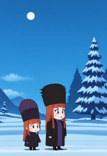 1girl, long hair, red hair, blunt bangs, coat, hat, chibi, solo. small body, outdoors, snow,aunt lydia