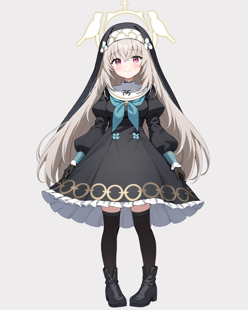 sakurako \(blue archive\),1girl, solo, nun, halo, white_background, black_thighhighs, looking_at_viewer, long_sleeves, simple_background, full_body, habit, puffy_sleeves, boots, blush, breasts, black_dress, hand_on_own_chest, blue_neckerchief, frilled_dress, black_footwear, flower, closed_mouth, smile, veil, zettai_ryouiki, standing, black_gloves
<lora:sakurako_(blue_archive)_image854_2023-11-28-000015:1>halo. gorgeous,key visual, vibrant, studio anime,award-winning, professional, highly detailed,high budget, cinemascope
