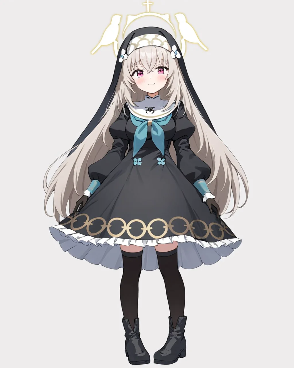 sakurako \(blue archive\),1girl, solo, nun, halo, white_background, black_thighhighs, looking_at_viewer, long_sleeves, simple_background, full_body, habit, puffy_sleeves, boots, blush, breasts, black_dress, hand_on_own_chest, blue_neckerchief, frilled_dress, black_footwear, flower, closed_mouth, smile, veil, zettai_ryouiki, standing, black_gloves
<lora:sakurako_(blue_archive)_image854_2023-11-28-000015:1>halo. gorgeous,key visual, vibrant, studio anime,award-winning, professional, highly detailed,high budget, cinemascope