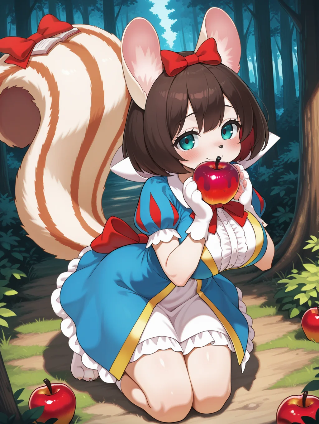 fairy tail - snow,1girl,apple,solo,squirrel girl,smile,red bow,full body,blush,blue frilled dress,holding apple,looking at viewer,large breasts,tail ornament,white paw gloves,white paw socks,animal nose,body fur,forest,
masterpiece,best quality,amazing quality,very aesthetic,absurdres,newest,<lora:Fairy Tail snow illuXL v1.1:0.7>,