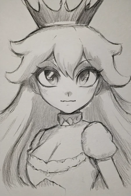 ((masterpiece, best quality)), pretty eyes, detailed face,
(Pencil_Sketch:1.2, messy lines, greyscale, traditional media, sketch), unfinished, hatching (texture), ((masterpiece, best quality)), absurdres, , Boosette_Mario, 1girl, long hair, white hair, long white dress, ballroom dress, white gloves, solo, smiling, blushing, looking at viewer, cowboy shot,<lora:Boosette_Mario_SDXL:0.600000>,<lora:Anime_Sketch_SDXL:1.000000>