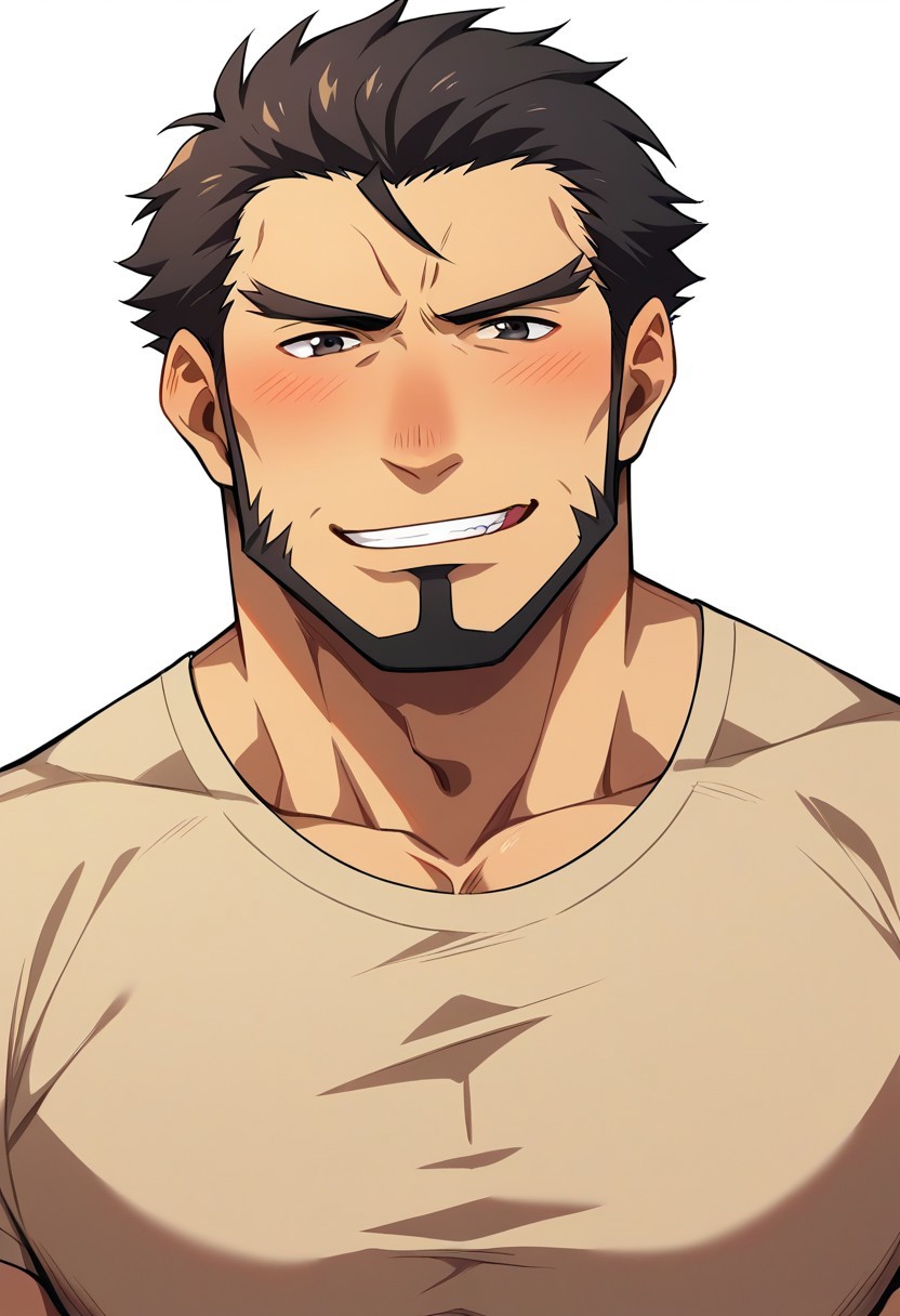score_9, score_8_up, score_7_up, score_6_up, source_anime \(Tokunana\), anime coloring, perfect anatomy, perfect proportions, best quality, masterpiece, high-resolution, high quality, aesthetic, absurdres, (male focus), solo male, Gazef Stronoff, brownish black hair, short hair, sideburns, black eyes, facial hair, chinstrap beard, jawline beard, casual shirt\(Gazef Stronoff)\, beige shirt, short sleeves, mature, masculine, manly, handsome, charming, alluring, portrait, headshpt, close-up, intense blush lines, intense blushing, licking own lip, tongue, smirk, bashful, upper body, dutch angle,