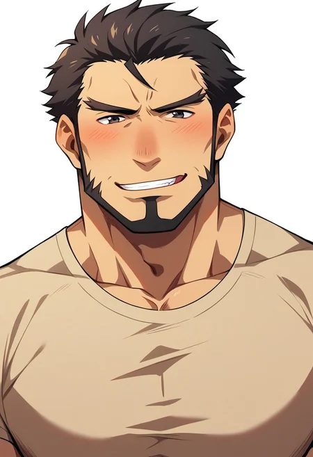 score_9, score_8_up, score_7_up, score_6_up, source_anime \(Tokunana\), anime coloring, perfect anatomy, perfect proportions, best quality, masterpiece, high-resolution, high quality, aesthetic, absurdres, (male focus), solo male, Gazef Stronoff, brownish black hair, short hair, sideburns, black eyes, facial hair, chinstrap beard, jawline beard, casual shirt\(Gazef Stronoff)\, beige shirt, short sleeves, mature, masculine, manly, handsome, charming, alluring, portrait, headshpt, close-up, intense blush lines, intense blushing, licking own lip, tongue, smirk, bashful, upper body, dutch angle,