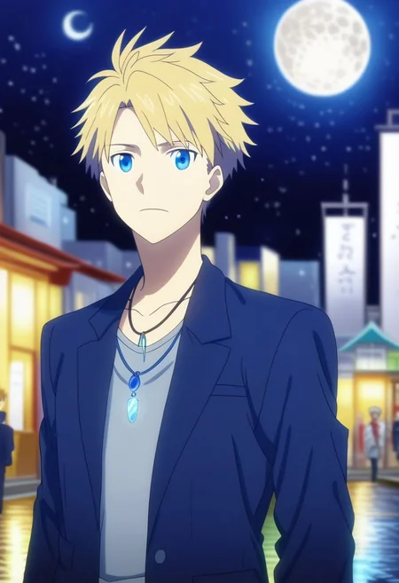 high resolution, professional photography, solo, best quality, 1Boy, Yamato Ishida, Blond Hair, Deep Blue Eyes, Necklace, depth of field, moon, fantastic night, stary sky, dreamlike, midle of bridge, OverallDetail