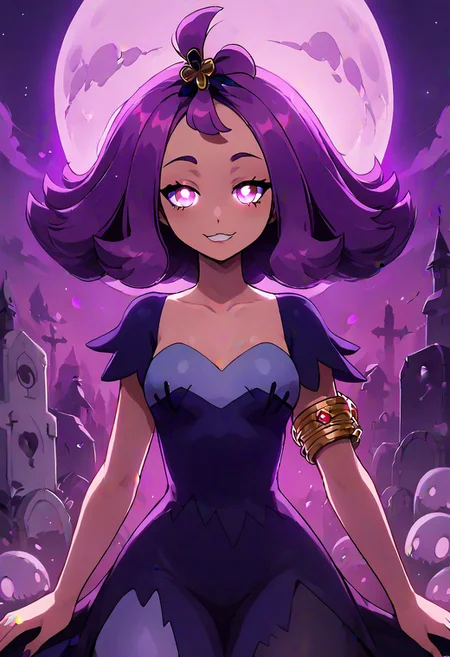 high resolution, highly detailed, perfect lighting, beautiful detailed eyes, ((masterpiece,best quality)), absurdres, solo, <lora:Acerola_Pokemon_P1:0.8>, glowing eyes, acerola (pokemon), purple hair, purple hair, topknot, flipped hair, collarbone, purple dress, stitches, multicolored dress, armlet, smile, looking at viewer, cowboy shot, medium breasts, curvy, narrow waist, graveyard, floating fires, <lora:LunarCAT_Style:0.8>, <lora:KuroCAT_Style:0.3>,