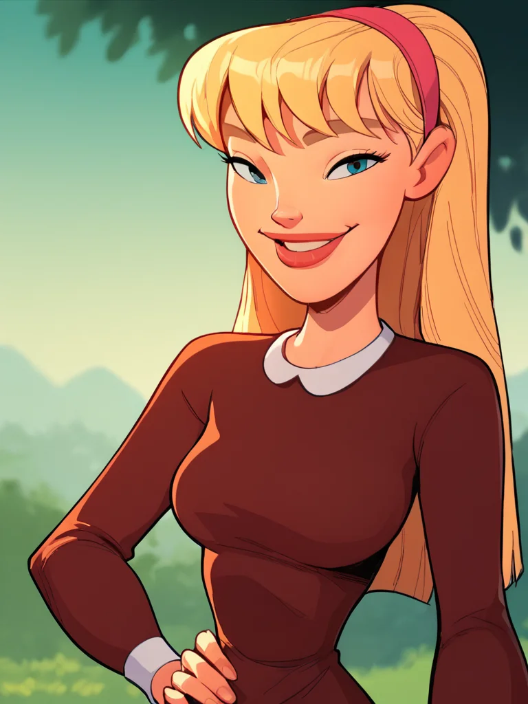 <lora:NatPony2.0:1> nat, thick lips, hairband, blonde hair, long hair, 1girl, solo, breasts, dress, smile, outdoors, looking at viewer, hand on own hip,long long sleeves,upper body, lips,  score_9, score_8_up, score_7_up, score_6_up, score_5_up, score_4_up