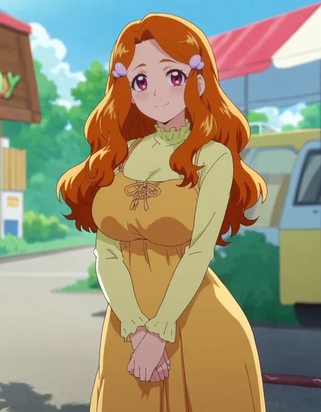 score_9, score_8_up, score_7_up, anime screencap, solo,1girl,kaymd, yellow dress, hair ornament, looking at viewer,blush,smile,cowboy shot,large breasts,wide hip,<lora:kaymd_pony:0.8>