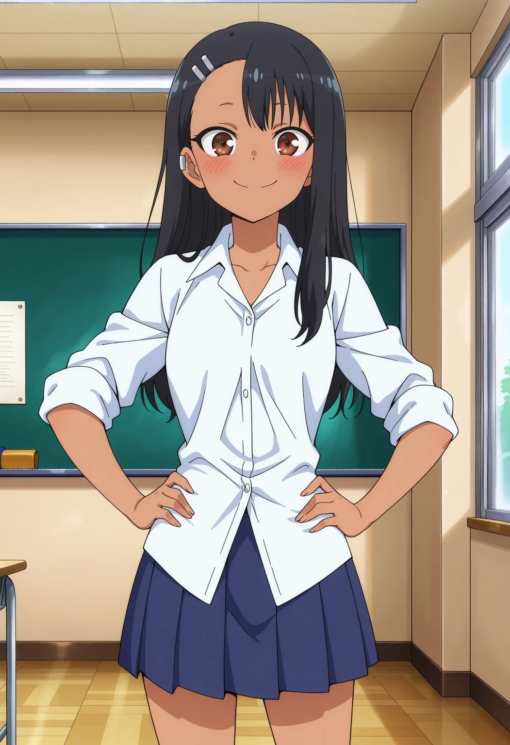 anime screencap, masterpiece, best quality,
<lora:IjiranaideNagatoro_Nagatoro_IlluXL:0.8>,
1girl, solo, closed mouth, smile, blush,
dark skin, long hair, black hair, asymmetrical bangs, brown eyes, hairclip, earclip,
NagatoroSchool, dress shirt, white shirt, untucked shirt, sleeves rolled up, pleated skirt, blue skirt,
hands on own hips, standing, looking at viewer, cowboy shot,
indoors, classroom, day
