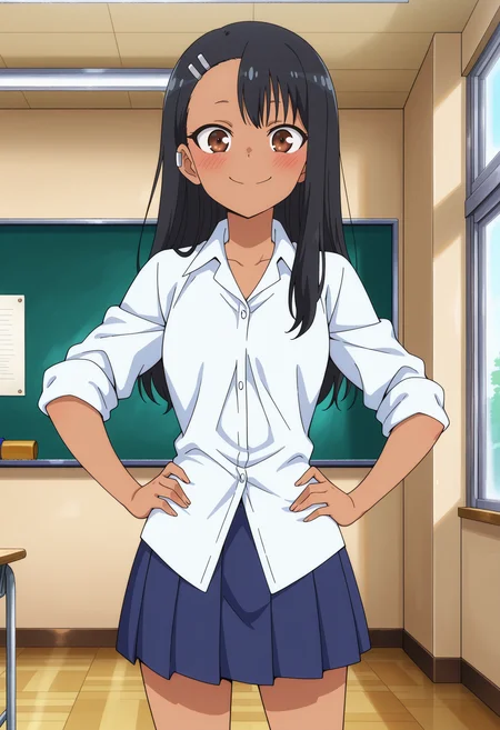 anime screencap, masterpiece, best quality,
<lora:IjiranaideNagatoro_Nagatoro_IlluXL:0.8>,
1girl, solo, closed mouth, smile, blush,
dark skin, long hair, black hair, asymmetrical bangs, brown eyes, hairclip, earclip,
NagatoroSchool, dress shirt, white shirt, untucked shirt, sleeves rolled up, pleated skirt, blue skirt,
hands on own hips, standing, looking at viewer, cowboy shot,
indoors, classroom, day