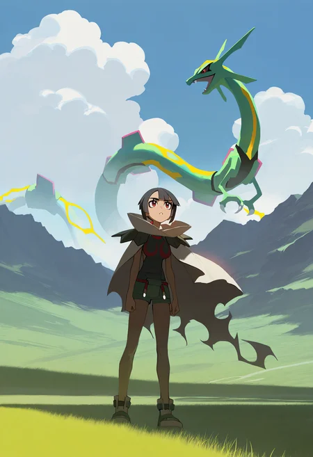 artist:ciloranko,artist:modare,artist:diyokama, astero, scenery, pokemon \(creature\),
best quality, amazing quality, very aesthetic, absurdres, best quality, masterpiece, newest,
1girl, zinnia, standing, cloak, looking up, rayquaza,
solo, blue sky, field, grass, grassland, mountainous horizon, cloud, sky, <lora:AsteroIllustriousXL_byKonan:1> <lora:ZinniaIllustriousXL_byKonan:1>