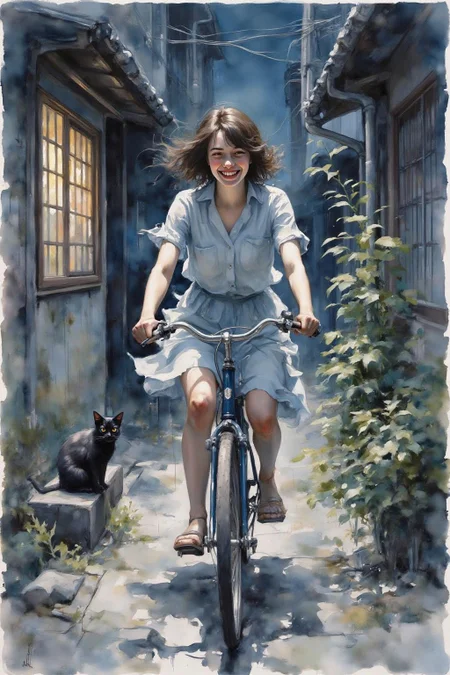 yawc1 watercolor.
A Japanese school girl riding a old style bicycle through a narrow, quiet street at night. The happy woman wears a simple, flowing dress. In the corner, a small black cat with piercing eyes sits watching her quietly. The mood is tranquil and slightly magical. Soft lighting, deep blue tones, detailed shading, ethereal, cinematic composition <lora:yawcolor_flor2_d4a2:1.0><lora:798984172128459522:0>