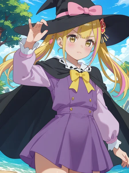 score_9, score_8_up, score_7_up, score_6_up, score_5_up, score_4_up, source_anime,,cinematic shadow, character focus, detailed skins,(cowboy shot:1.4),body blush,<lora:StS_PonyXL_Detail_Slider_v1.4_iteration_3:4>, <lora:Sara_Da_Odin__Henjin_no_Salad_Bowl_:1>,saraodin, multicolored hair, blonde hair, long hair, streaked hair, pink hair, twintails, hair ornament,hair flower,hair ribbon, bangs, yellow eyes,child,dynamic pose, contrapposto,outdoors, sarawitch, pink hat bow,witch hat,black hat,yellow neck bow,black cape,purple long sleeves dress, sidelocks,