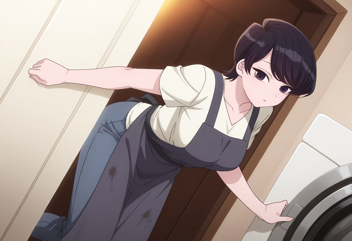 Rating 9, Rating 8, Rating 7, Rating 6, Rating 5, Rating 4, Masterpiece, Superior Quality, Amazing Quality, Masterpiece, Highest Quality, Ultra-detailed, Dynamic Angle, Dynamic Composition, Alone, white frame, maximum contrast, saturated color, bright colors, dynamic lighting,
1 girl, medium shot,vibrant colors, high contrast,
komishuukocnn, 1girl,black hair, short hair, bangs, purple eyes,mature female,
shirt, jeans, short sleeves,
wearing a dark gray apron, inside a laundry room, unfolding dirty clothes, getting the washing machine ready,