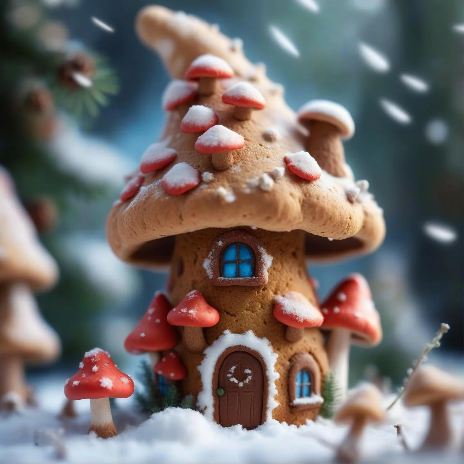 photo, selective focus, miniature effect, bokeh, highly detailed, vibrant, perspective control, natural tilt shot, christmas mushroom made of ginger bread with chimney on its head, g macro photography, (enchanting:1.3), (luminous:1.2), (oversized flora:1.1), mystical, magical, vibrant photography, shimmering light, dreamy, whimsical, serene, soft-focus, hyper-detailed digital art, made of flowers, 2 mushrooms, smile, snow, winter, snowfall, conifers, ginger bread, sexy little red riding hood Lindsey Stirling, mushroom with smoking chimney