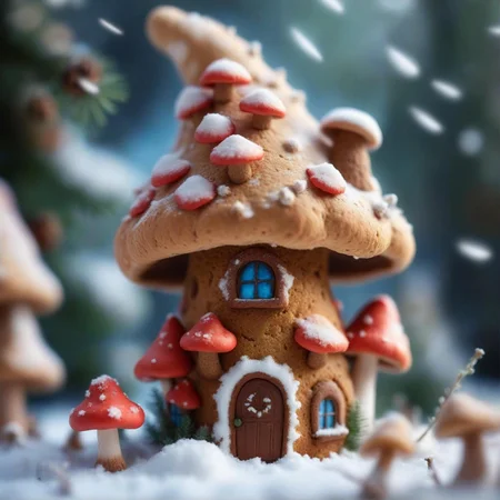 photo, selective focus, miniature effect, bokeh, highly detailed, vibrant, perspective control, natural tilt shot, christmas mushroom made of ginger bread with chimney on its head, g macro photography, (enchanting:1.3), (luminous:1.2), (oversized flora:1.1), mystical, magical, vibrant photography, shimmering light, dreamy, whimsical, serene, soft-focus, hyper-detailed digital art, made of flowers, 2 mushrooms, smile, snow, winter, snowfall, conifers, ginger bread, sexy little red riding hood Lindsey Stirling, mushroom with smoking chimney