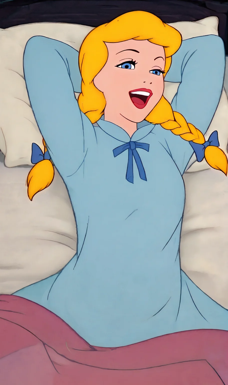 CI, 1girl, solo, score_9, score_8_up, score_7_up, blonde twin braids, hair bows, blue eyes, blue nightgown, blue ribbon, puffy long sleeves, arms behind head, in bed, under covers, pink blanket, pillow, laughing, looking at viewer, <lora:Cinderella Pony XL:1>