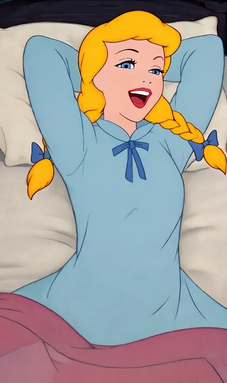 CI, 1girl, solo, score_9, score_8_up, score_7_up, blonde twin braids, hair bows, blue eyes, blue nightgown, blue ribbon, puffy long sleeves, arms behind head, in bed, under covers, pink blanket, pillow, laughing, looking at viewer, <lora:Cinderella Pony XL:1>