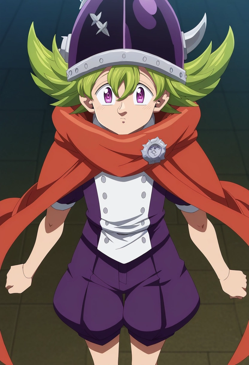 masterpiece, best quality, , anime screencap, anime coloring, official style, looking at viewer, 1boy, solo, male focus, <lora:percival_nnt_mny_ilxl:1>, percival_nnt_mny, green hair, purple eyes, spiked hair, hair between eyes, bangs, helmet, horned headwear, orange cape, puffy shorts,