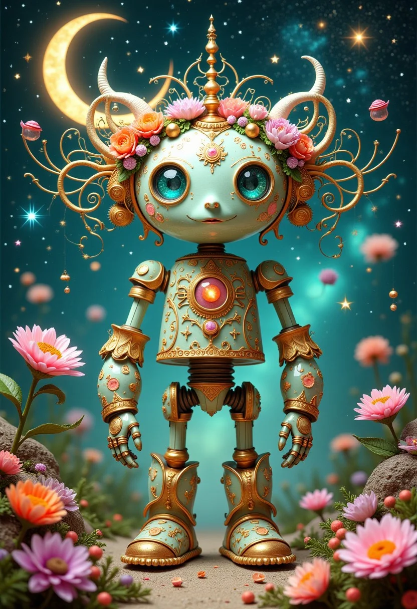 professional photography of an fantastical cute robot with whimsical elements, flowers and swirling magic, eerie fairytale landscape, elaborate fantasy style art, very colorful, intricate details, ultra sharp, exquisite detail, flawless composition, vivid colors, masterpiece, exciting background, celestial astro beauty, astrological calendar, crescent moon, galaxy, stars