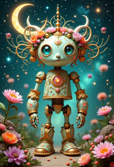 professional photography of an fantastical cute robot with whimsical elements, flowers and swirling magic, eerie fairytale landscape, elaborate fantasy style art, very colorful, intricate details, ultra sharp, exquisite detail, flawless composition, vivid colors, masterpiece, exciting background, celestial astro beauty, astrological calendar, crescent moon, galaxy, stars