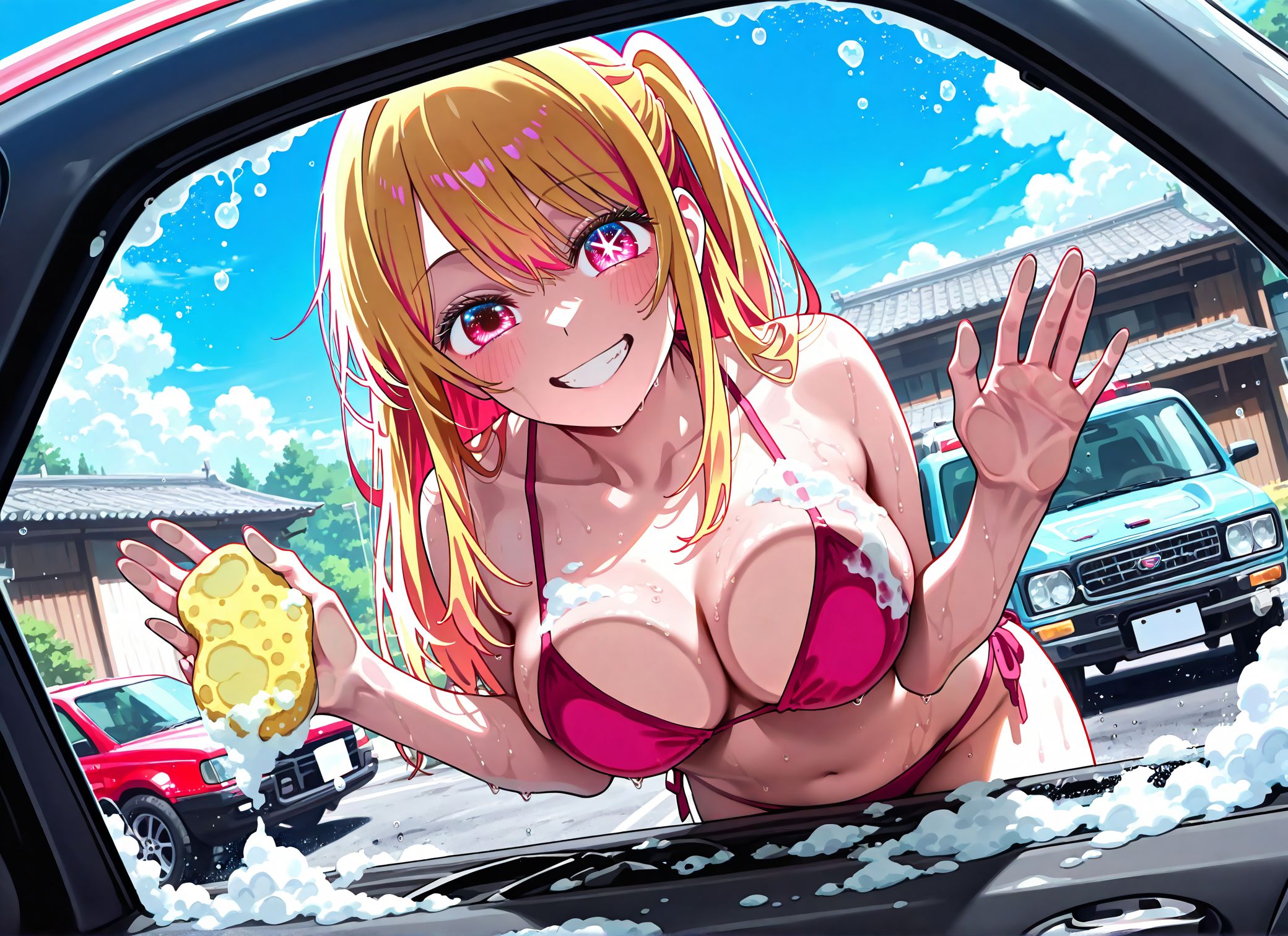 masterpiece, best quality, newest, absurdres, highres, detailed eyes, beautiful, detailed background, perfect eyes, anime coloring, anime screencap,
<lora:breast_wiper:0.7>breast_wiperV1,
grin, smile, teeth, breasts on glass, leaning forward,  washing vehicle, car wash, soap bubbles, sponge,
wet, against glass, holding sponge, hand on glass,  vehicle interior,architecture, car wash \(place\), 
day, sky, solo, dutch angle, against glass, bikini,hands on glass,
BREAK
oshi no oshi no ko, 
official art, 
hoshino ruby,