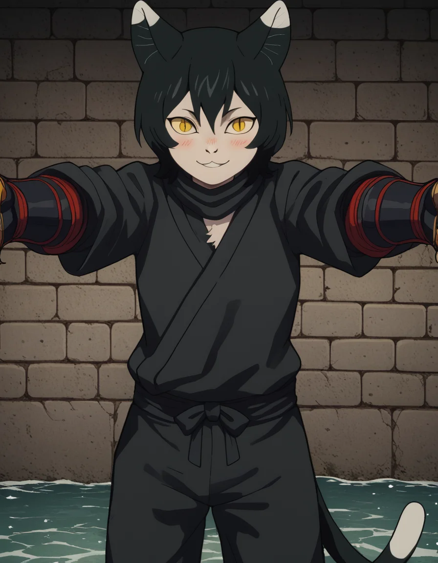 score_9, score_8_up, score_7_up, source_anime, <lora:izutsumi-s1-ponyxl-lora-nochekaiser:1>, izutsumi, black hair, animal ears, tail, yellow eyes, cat ears, cat tail, cat girl, slit pupils,, japanese clothes, gauntlets, ninja, black shirt, black pants,, dam, water, concrete, structure, height, , <lora:incoming-hug-ponyxl-lora-nochekaiser:1>, incoming hug, looking at viewer, reaching, reacing towards viewer, outstretched arms,, bedroom, smile, blush, parted lips, looking at viewer, solo,, dutch angle, cowboy shot