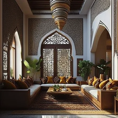 <lyco:Arabic_style_interior_design_Sa_May:1.0> arabic house, arabesque, inside, ornaments, arabic letters, arabic calligraphy, living room, decoration, furniture, windows, decoration plants, high walls